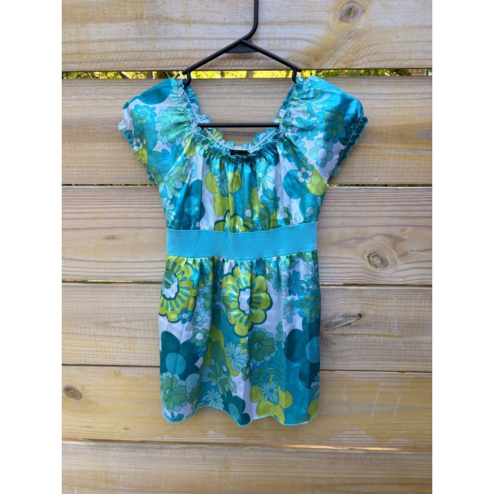 Speechless Womens Floral Babydoll Top Blue Green Retro Y2K Empire Waist Large
